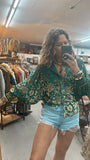 After Midnight Burnout Velvet Mesh Balloon Sleeve Button Up Blouse