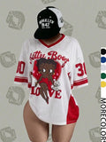 Streetwear Y2K Mesh Top – Vintage Doll Print V-Neck Shirt, Breathable Retro Aesthetic for Women