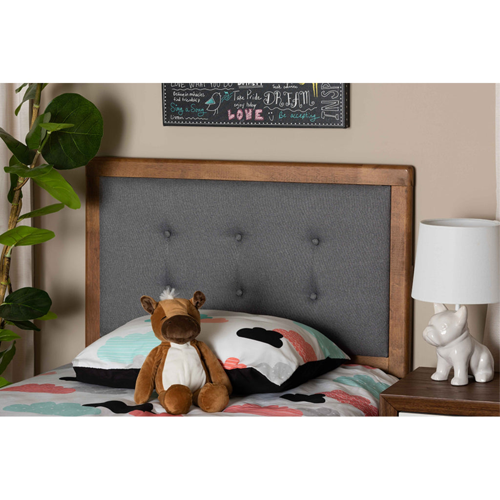 Baxton Studio Sarine Mid-Century Modern Dark Grey Fabric Upholstered And Walnut Brown Finished Wood Twin Size Headboard