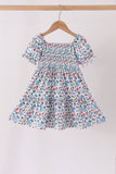 Blue floral smocked ruffle dress