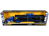 International Lonestar BlackTop Transport Open Car Hauler Blue Metallic with White Stripes and Graphics and 2019 Ford GT Blue
