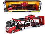 MercedesBenz Actros Open Car Hauler Red and Black with White Stripes and 1990 MercedesBenz 190E Red Transporters Series 1/64