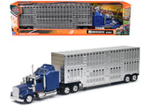 Kenworth W900 Truck Blue with Potbelly Livestock Trailer Chrome Long Haul Truckers Series 1/43 Diecast Model by New Ray