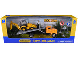 Peterbilt 335 RollOff Flatbed Truck and New Holland B110C Backhoe Loader with Street Signs New Holland Construction Diecast M