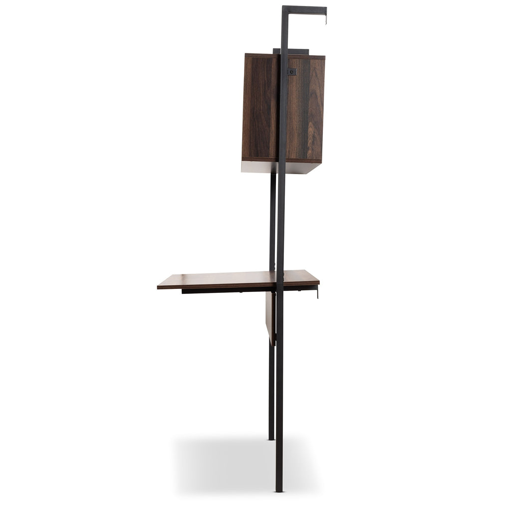 Baxton Studio Fariat Modern Industrial Walnut Brown Finished Wood And Black Metal Display Shelf With Desk