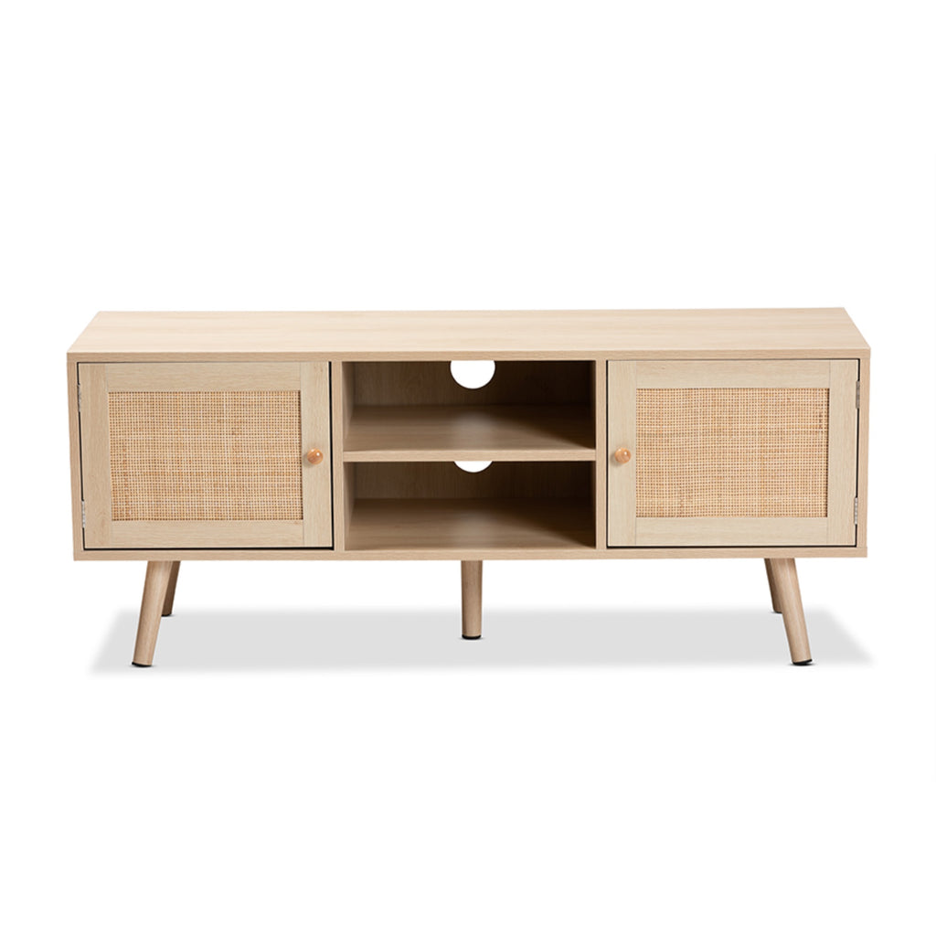 Baxton Studio Sebille Mid-Century Modern Light Brown Finished Wood 2-Door Tv Stand With Natural Rattan