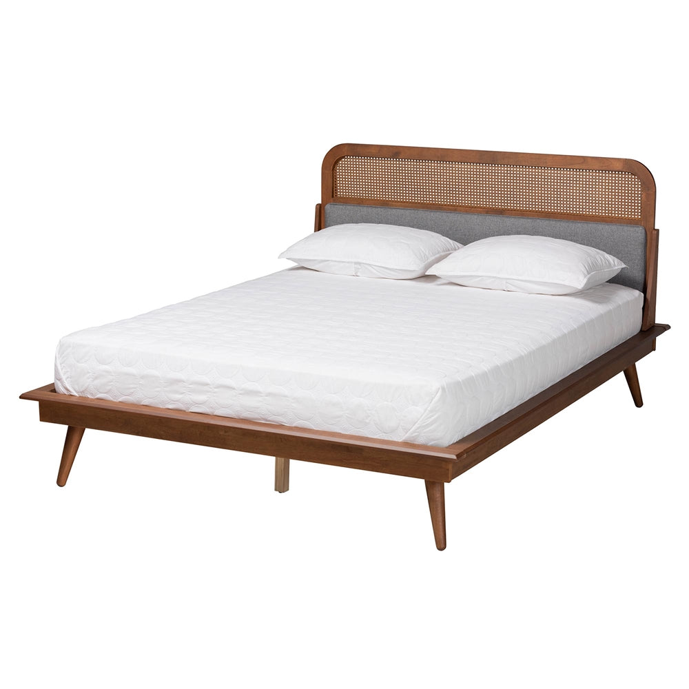 Baxton Studio Irina Mid-Century Modern Grey Fabric And Ash Walnut Finished Wood King Size Platform Bed