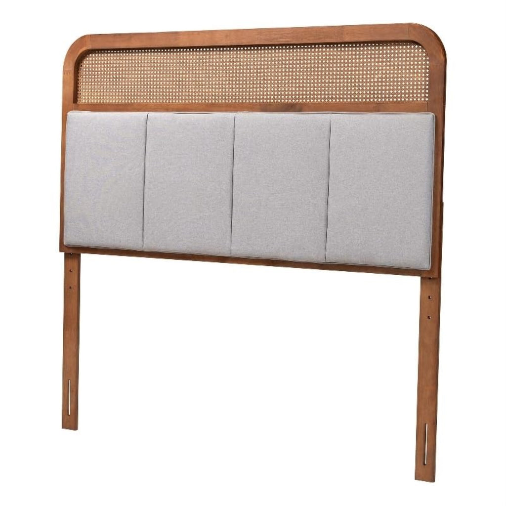 Baxton Studio Esti Mid-Century Modern Light Grey Fabric And Ash Walnut Finished Wood Queen Size Headboard With Rattan