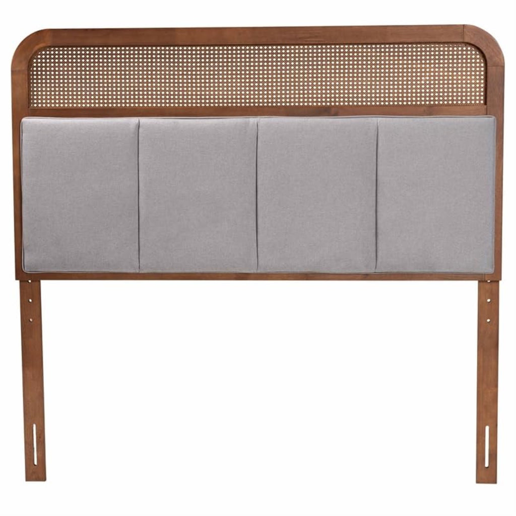 Baxton Studio Esti Mid-Century Modern Light Grey Fabric And Ash Walnut Finished Wood Queen Size Headboard With Rattan