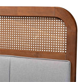 Baxton Studio Esti Mid-Century Modern Light Grey Fabric And Ash Walnut Finished Wood Queen Size Headboard With Rattan