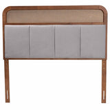 Baxton Studio Esti Mid-Century Modern Light Grey Fabric And Ash Walnut Finished Wood King Size Headboard With Rattan