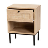 Baxton Studio Sherwin Mid-Century Modern Light Brown And Black 1-Drawer End Table With Woven Rattan Accent