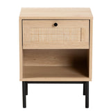 Baxton Studio Sherwin Mid-Century Modern Light Brown And Black 1-Drawer End Table With Woven Rattan Accent