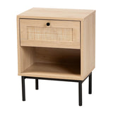 Baxton Studio Sherwin Mid-Century Modern Light Brown And Black 1-Drawer End Table With Woven Rattan Accent
