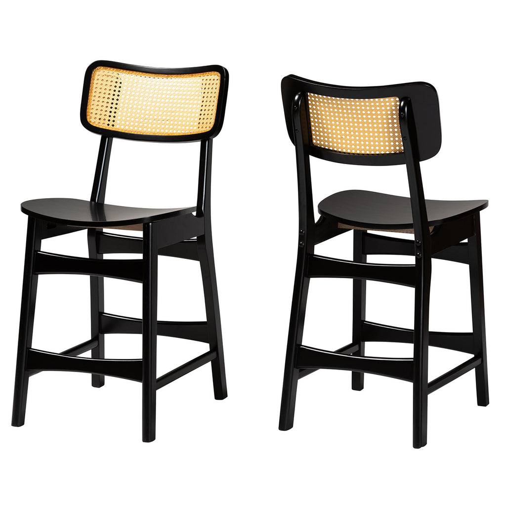 Baxton Studio Tafari Mid-Century Modern Dark Brown Finished Wood And Rattan 2-Piece Counter Stool Set