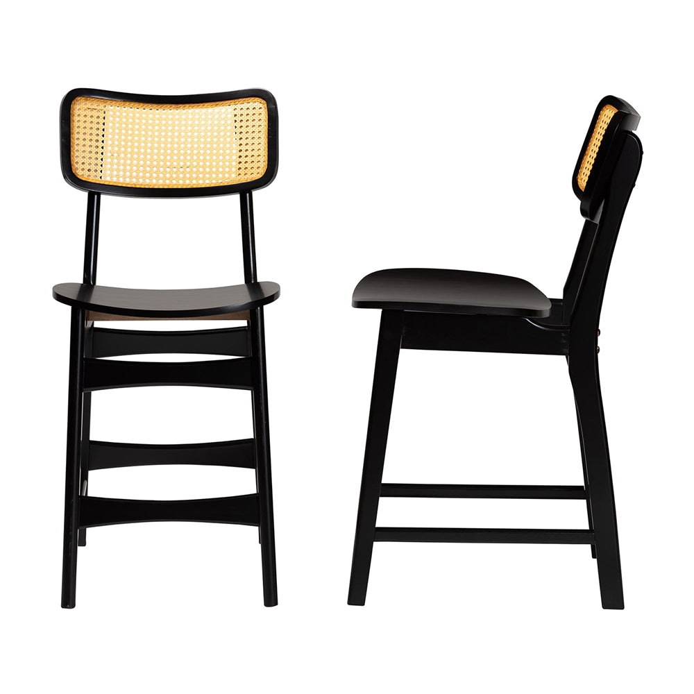 Baxton Studio Tafari Mid-Century Modern Dark Brown Finished Wood And Rattan 2-Piece Counter Stool Set