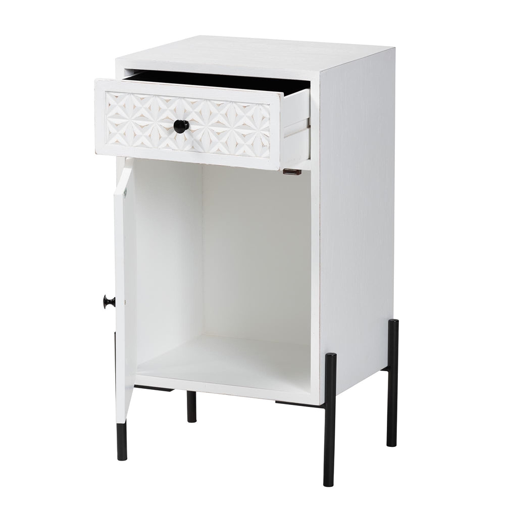 Baxton Studio Nefeli Mid-Century Transitional White Finished Wood And Black Metal 1-Drawer Storage Cabinet