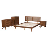 Baxton Studio Nura Mid-Century Modern Walnut Brown Finished Wood And Rattan Full Size 4-Piece Bedroom Set