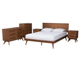 Baxton Studio Melora Mid-Century Modern Walnut Brown Finished Wood And Rattan Queen Size 5-Piece Bedroom Set