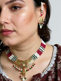 DNS207 Jadau necklace with earrings in ruby emerald zircon and real pearls ( READY TO SHIP )