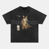 Wacky Cat Printed Design Unisex Oversized T-Shirt – Vintage Washed Graphic Crew Neck Tee
