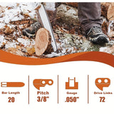 20 Heavy-Duty Chainsaw Chain - Extra-Long Cutting Length, 3/8 Pitch, 050 Gauge, 72 Drive Links - Compatible with Oregon D72 and Stihl 024 Chainsaws