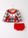Christmas Plaid Smocking Embroidered Girls Bloomers Romper Set