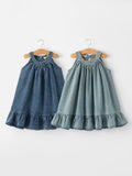 Girls Denim Ruffle Trim A-Line Dress