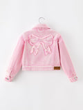 Girls Pink Denim Jacket with Lace Bow Back Detail