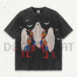Bedsheet Ghost Pumpkin Vintage Washed Halloween Graphic T-Shirt