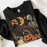 "Retro Vintage Black Cat Ghost Skeleton" Spooky Cute Halloween Sweatshirt