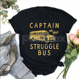 "Captain of The Struggle Bus" Funny T-Shirt – Sarcastic School Bus Graphic Tee, Premium 100% Cotton Novelty Humor Top, Soft Lived-In Heavyweight Relatable Parenting Shirt, Made in USA
