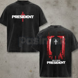 President Band T-Shirt Collection – Gothic Cross Graphic Tee, Oversized Vintage Washed Metal Style Political Streetwear