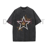 Holafish Celestial Cheetah Acid Wash Tee - Subtle Glitter Leopard Star Crew Neck Streetwear Shirt