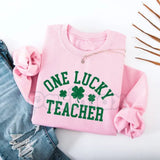 One Lucky Teacher Adult Sweatshirt | Green Varsity Lettering St Patrick's Day Crewneck | Shamrock Accent Teacher Pullover | Lucky Educator Holiday Outfit | Retro Varsity St Pattys Shirt | Soft Cozy Teacher Gift Jumper