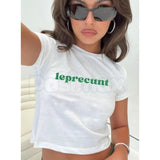 "Leprecunt" St. Patrick's Day Baby Tee - Funny Sassy Irish Graphic Crop Top, Y2K Aesthetic St. Paddy's Shirt, Premium 100% Cotton Lucky Charm Tee, Cheeky Holiday Streetwear, Trendy Green Leprechaun Inspired Top