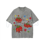Cute Tomato Party Print T-Shirt – Retro Garden Vegetable Graphic Tee, Lightweight Vintage Washed Cotton Summer Top
