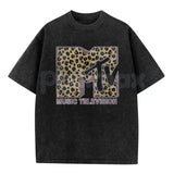 Women’s MTV Classic Leopard Print T-Shirt – Bold Animal Print Logo Graphic Tee, Lightweight Vintage Washed Cotton Top