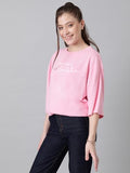 Kotty Women'S Printed, Typography Round Neck Cotton Blend 3/4 Sleeve T-Shirt(Pink,S)