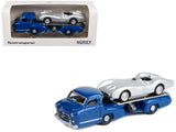 MercedesBenz Renntransporter Flatbed Truck Blue and 1954 MercedesBenz W196 #1 Silver Metallic 1/64 Diecast Model Car by Norev