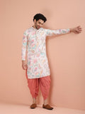 Kisah Men'S Kurta Dhoti Set, Multi Cotton Blend, Printed Regular Fit Mandarin Collar Long Sleeves (Medium)