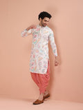 Kisah Men'S Kurta Dhoti Set, Multi Cotton Blend, Printed Regular Fit Mandarin Collar Long Sleeves (Medium)