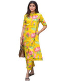 Anni Designer Women'S Rayon Viscose Printed A-Line Kurta With Pant (Ladat Yellow-Vks05_Xxl_Yellow_Xx-Large),Yellow,2XL