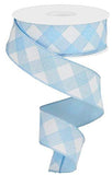 Diagonal Plaid Check Wired Edge Ribbon - 10 Yards (Pale Blue, White, 1.5)