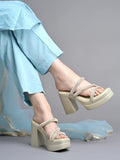 Shoetopia Embellished Golden Block Heels For Women & Girls /Eu37,Golden,4,B0DZVLX6MW