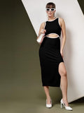OOMPH! Women's Western & Fusion wear Stretchable Midi Lycra Dress for Women Bodycon Black - md1087,Jet Black