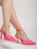 Women'S Magenta Satin High Heel Sandals Pointed Toe Party Heels With Rhinestone Bow & Ankle Strap Elegant Stilettos For Weddings & Events Eu38,Magenta,5,B0DK7CKKNJ