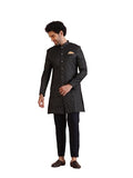 Kisah Men'S Black Sherwani Trousers Set, Cotton Full Sleaves, Knee Length, Straight, Regular Fit, Mandarin Collar Ethnic Wear