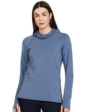 Enamor Athleisure Women's 4 Way Stretch Cotton Quick Dry and Antimicrobial Hooded Mask T-Shirt for Women - A302(A302-Vintage Blue-XL),Vintage Blue W/Focus