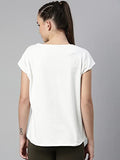 Enamor Athleisure Women's Relaxed Fit Long Length Short Sleeve Boat Neck 4 Way Stretch Antimicrobial Cotton Tee with Inspiring Graphics (E131-Ivory / Meditate Graphic-S),Ivory/Meditate